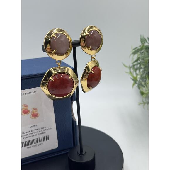 Lele Sadoughi Geo Bezel Red Harvest Jewel Drop Gold Plated Clip Runway Earring - Picture 7 of 16